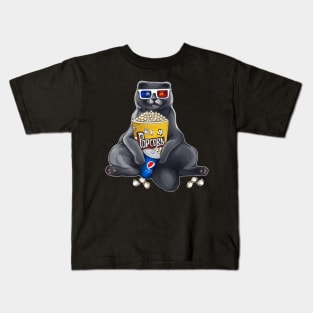 Movie lover cat with popcorn and 3d glasses Kids T-Shirt